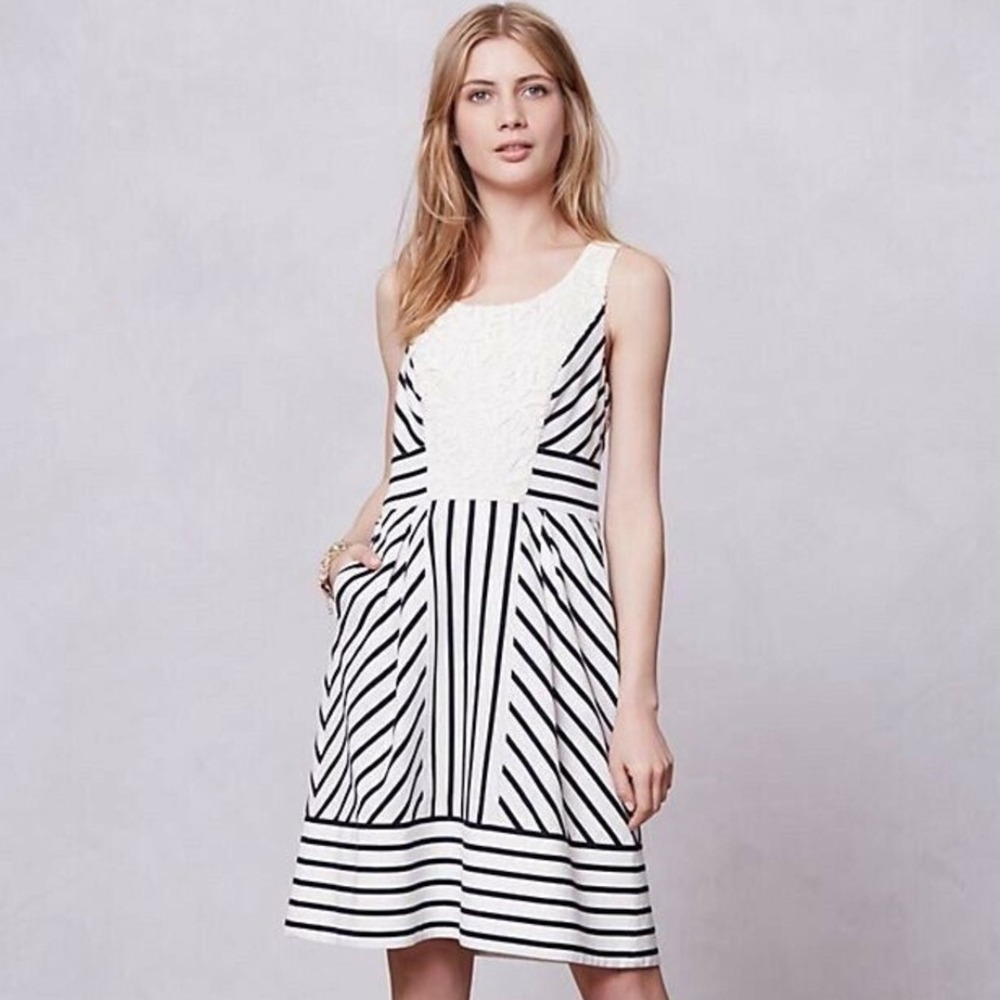 Maeve Anthropologie‎ Striped Lace Bib Fit Flare Dress Black White Size 6